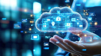 digital cloud with data icons and security symbols, representing technology and innovation in digital health solutions. image conveys sense of connectivity and modernity