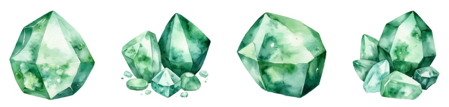 Watercolor Illustration of a Green Gemstone, PNG set
