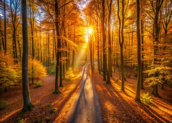 Obraz premium Golden Autumn Forest Sunlight, Fall Foliage, Nature Scene, Vibrant Trees, Sunlight Shadows