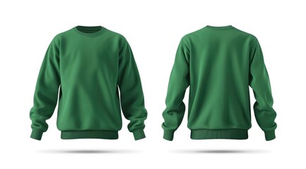 Cotton fabric green sweatshirt with front and back view isolated on transparent background