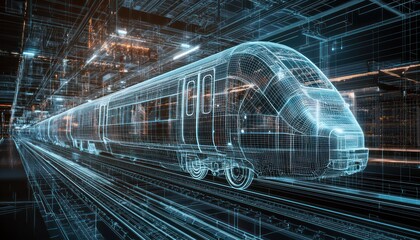 Futuristic train displayed in wireframe on a VR platform for digital transit visualization.