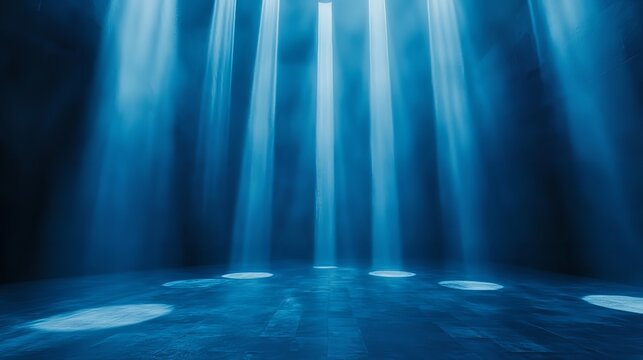 Dark and moody night scene with blue spotlights smoke and concrete textured wall creating grunge atmosphere for modern and edgy design room