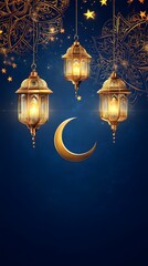 Elegant Ramadan Kareem background with hanging lanterns and crescent moon, banner decoration in an Islamic festival celebration