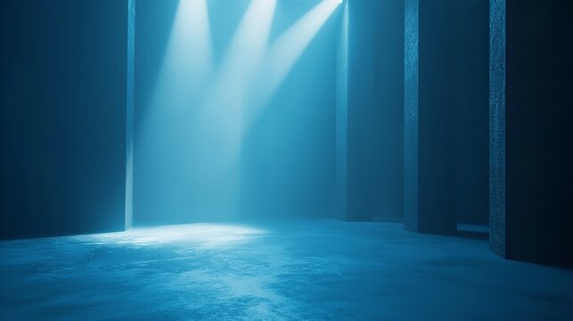 Dark and moody night scene with blue spotlights smoke and concrete textured wall creating grunge atmosphere for modern and edgy design room