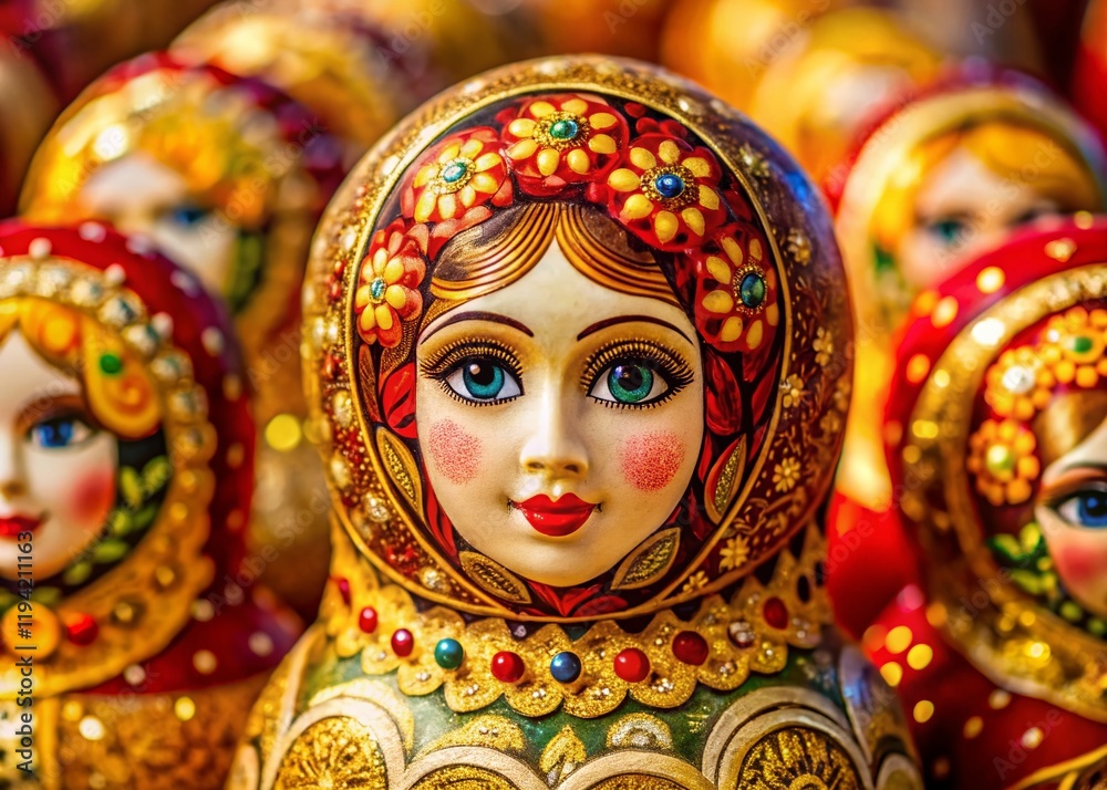 Wall mural Golden Russian Nesting Doll, Matryoshka Kokoshnik, Close-up Macro Photography