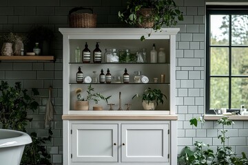 White free-standing bathroom cabinet with doors and open top shelf, wooden structure with glass side shelves for storage near freestanding bathtub in light grey tile bathroom.