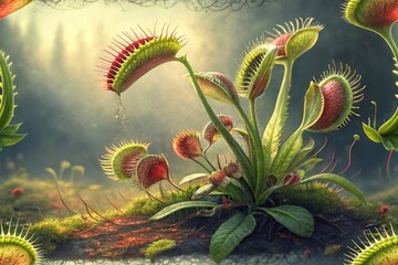 Mysterious venus flytrap in misty forest setting