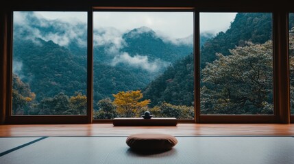 Fototapeta premium Serene Indoor Meditation Room with Mountain View for Relaxation and Wellness