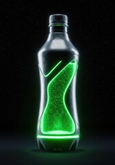 Futuristic glowing bottle with green neon light against starry background