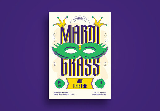 Cream Purple Quirky Illustration Mardi Gras Flyer Layout