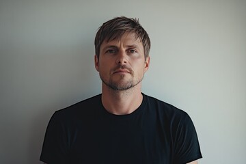 Obraz premium Man in Black Shirt Standing Against Wall
