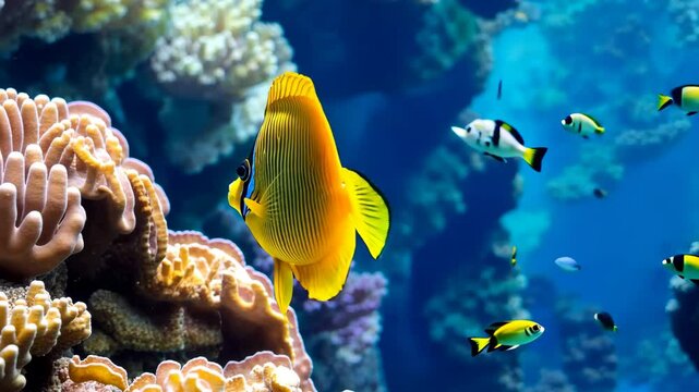 Chaetodon lunulatus butterflyfish swimming among vibrant coral reefs in a tropical setting, Chaetodon Lunulatus Oval Butterflyfish in coral reef of Australia ocean nature