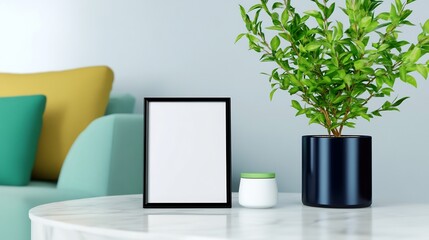 Modern minimalist home interior subtly lit blank frame mockup. AI Generated