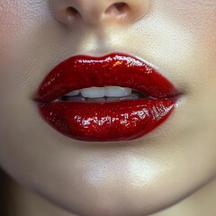 Obraz premium Closeup of Red Lips with Glossy Makeup