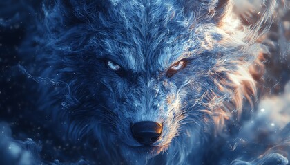Closeup digital art of a wolfs head, with intricate fur details, piercing eyes, and a powerful, majestic expression