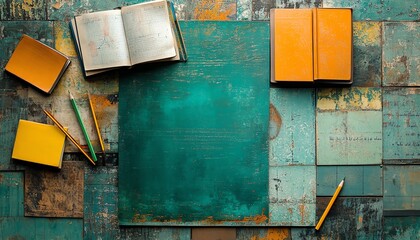 Creative background design for a teacher, showcasing a school setting with open books, pencils, and a chalkboard, emphasizing learning and education