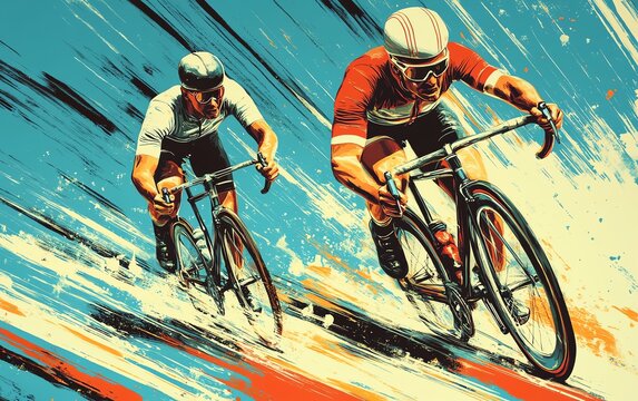 Naklejki Cyclist racing in retro gear, digital art illustration capturing the nostalgia of classic cycling events with bright colors and detailed vintage elements
