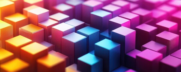 Obraz premium A vibrant, abstract arrangement of colorful cubes creates a dynamic 3D pattern, showcasing depth and energy in a visually striking composition.