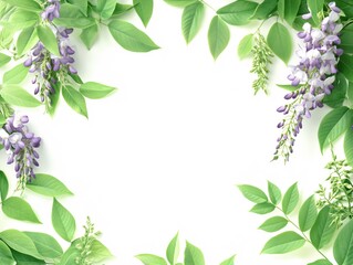 Fototapeta premium Springtime Floral Frame Fresh Green Leaves and Purple Wisteria Blossoms
