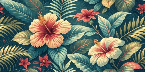 Vibrant tropical hibiscus and leaf pattern with vintage floral aesthetic