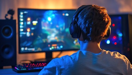 Gamer Immersed in Virtual World: Thrilling Online Gaming Experience at Night