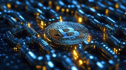 A glowing Bitcoin coin sits on a digital blockchain background, symbolizing cryptocurrency technology and secure transactions.