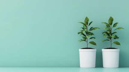 Fototapeta premium Two small green plants in white pots against a soothing mint green background create a calm and refreshing atmosphere.