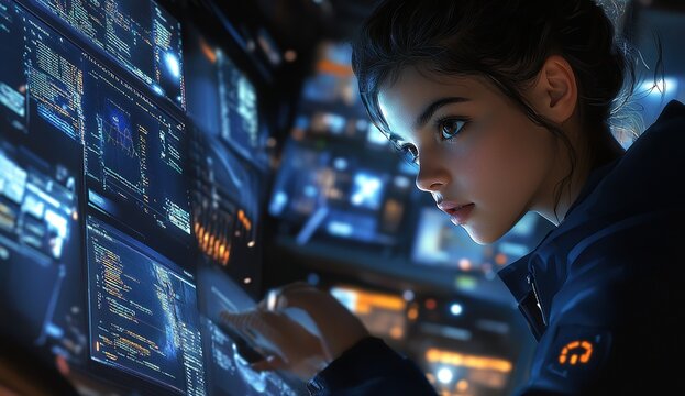 Cyberpunk Programmer Decodes Complex Algorithms on Multiple Screens Intensely at Night