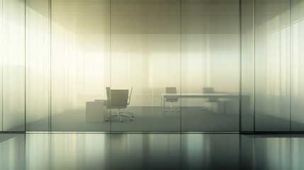 Fototapeta premium Office Interior: Minimalist and sleek, an office space bathed in warm natural light, showcasing a contemporary design with translucent glass walls and minimal furniture. The desk, chairs.