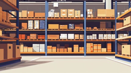 Retail warehouse full of shelves with cardboard boxes and packages. Logistics, storage, and delivery industrial background.