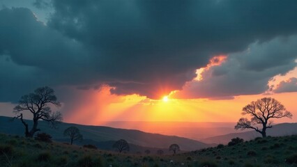 Obraz premium Serene Sunset Landscape Featuring Silhouetted Trees on Rolling Hills Under a Dramatic Sky