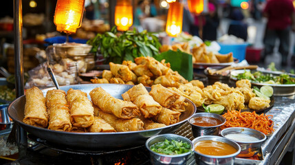 Obraz premium Street Food Delights: A vibrant array of freshly prepared street food, including golden-brown spring rolls and various other tempting dishes, sits invitingly on display at a bustling night market.