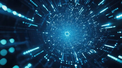 Cybernetic Tunnel: Journey into a mesmerizing digital realm. Vivid blue energy streams and hexagonal structures converge in a hypnotic, futuristic tunnel, evoking a sense of speed.