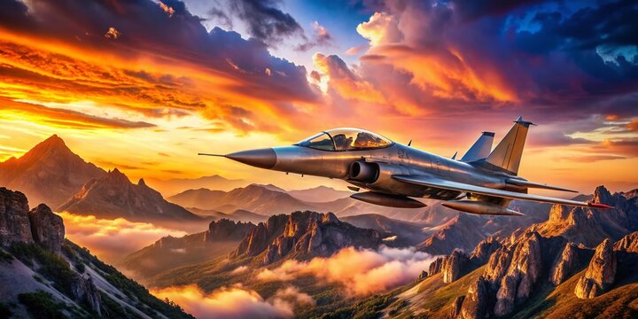 Historic Military Aircraft T38 Talon Jet Over Dramatic Mountain Landscape Sunset