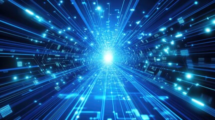 Digital Highway: A mesmerizing digital tunnel, awash in a symphony of vibrant blue hues and dazzling lights, surges forward, evoking a sense of boundless speed and endless possibilities. 