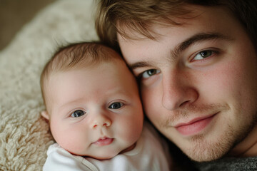 Young father cuddling his newborn baby daughter with love and tenderness
