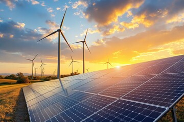 Solar panels and wind turbines on a green field under a vibrant sunset sky, symbolizing renewable energy, sustainability, and clean power. Ai generative