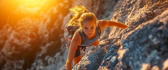 Young woman rock climbing at sunset.