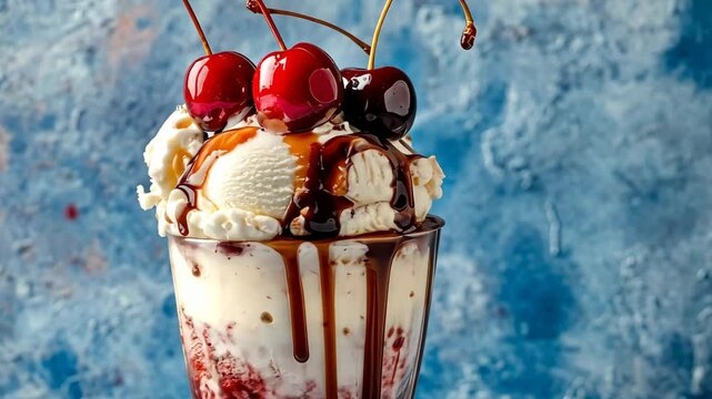 Decadent ice cream float topped with cherries and syrup in a stylish glass against a blue background, Decadent ice cream float with cherries and syrup drizzle on textured blue background