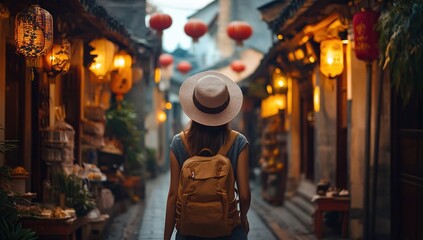 Wanderer Explores Ancient City Streets at Dusk, Illuminated by Hanging Lanterns: A Journey Through Time and Culture