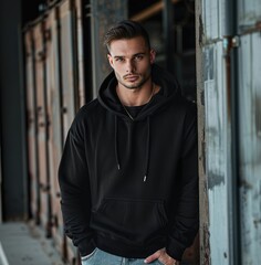 Fototapeta premium Portrait of confident model in black hoodie in a unique outdoor urban environment