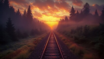 Fototapeta premium Sunrise over Misty Railway Tracks