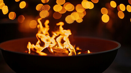 Fototapeta premium Burning firewood in fire pit with string lights at dusk
