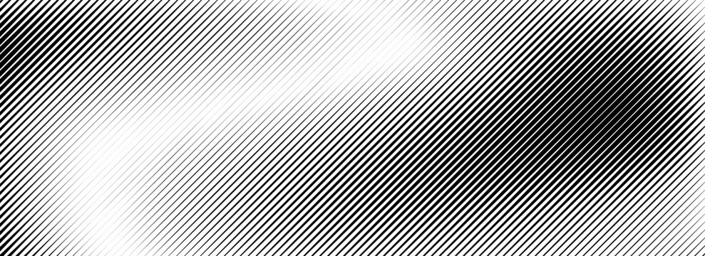 Black fading linear gradient texture. Diagonal striped gradation background. Thin to thick slanted pattern backdrop. Oblique vanishing parallel stroke wallpaper. Vector straight line overlay
