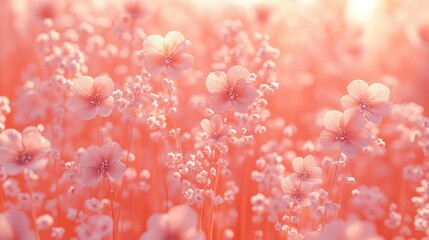 Pink Coral Flowers Meadow: Serene Spring Blossom in Soft Light