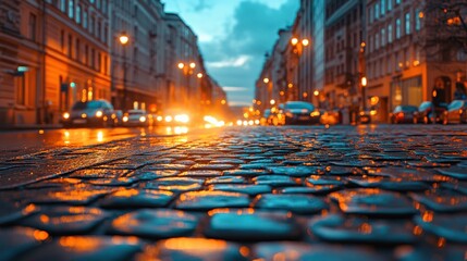 Fototapeta premium Vibrant City Street at Dusk with Wet Cobblestone Road and Warm Street Lights