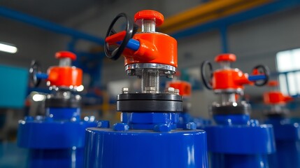 Brightly lit industrial valves neatly arranged in a factory setting. AI Generated