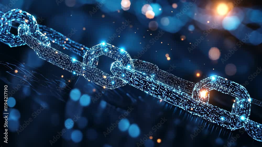 Poster glowing blue blockchain concept depicting digital connection and secure data transfer in modern tech