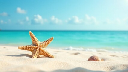 Seashore Serenity Starfish and Seashell Resting on a Pristine Sandy Beach Beside a Calm Ocean Under a Sunny Sky