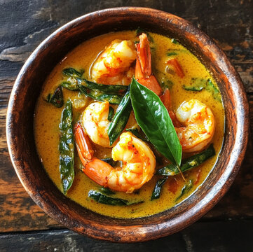 sour curry with cha-om leaves and fresh shrimp.